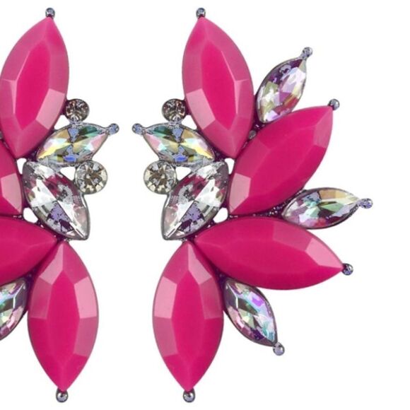 Yellow Glitter Gun Stud Earrings Set Gun Metal Black with Matte Hot Pink Crystal 80\'s Punk Rock Starburst Earrings